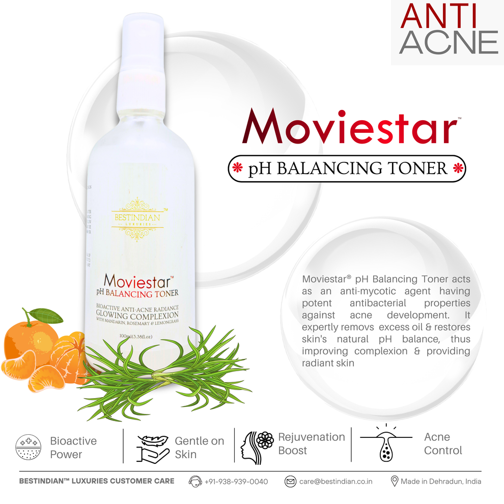 A close-up of Movie star™ pH Balancing Toner by BestIndian with mandarin and rosemary accents, emphasizing anti-acne, pH balance, and radiant complexion benefits of the natural facial toner.