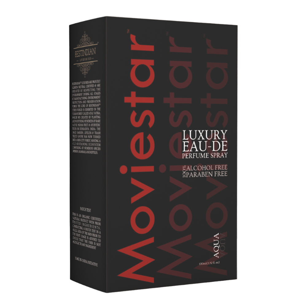 Moviestar™ Aqua aquatic perfume shown in a black luxury box with bold gradient Moviestar branding, highlighting alcohol-free and paraben-free EDP for men and women crafted in Dehradun with invigorating, glacial oceanic scent.