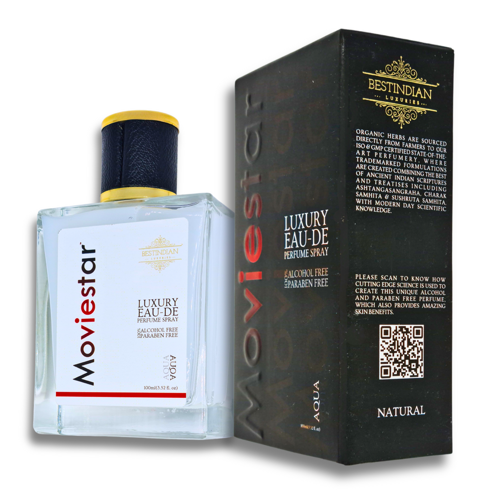 Moviestar™ Aqua perfume spray and its luxury black box shown from the front, highlighting its Himalayan origin, alcohol-free and paraben-free EDP formula, crafted in Dehradun for a glacial, invigorating oceanic scent.