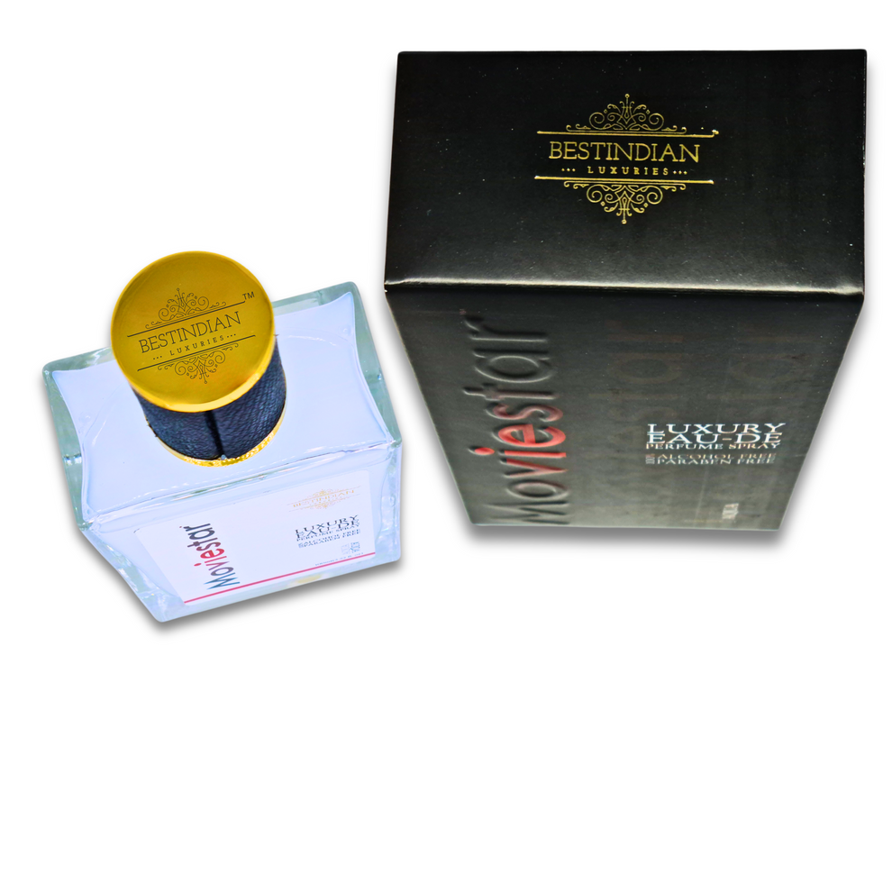 Top-down view of Moviestar™ Aqua Himalayan perfume spray with gold-accented bottle and luxury black box, crafted in Dehradun, illustrating its fresh, alcohol-free, and oceanic scent profile for men and women.