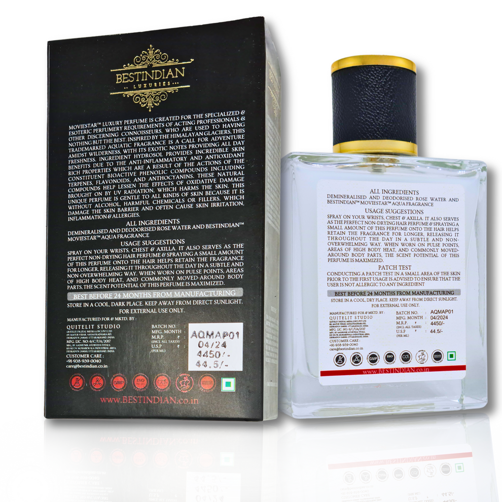 Back view of Moviestar™ Aqua Himalayan perfume bottle and luxury box, showing full ingredients and certifications, emphasizing alcohol-free, antioxidant-rich EDP for men and women in a pure, fresh oceanic formulation.