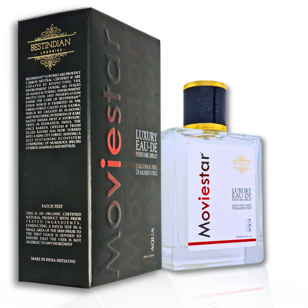 Moviestar™ Aqua long lasting aquatic perfume bottle displayed at an angle beside its elegant black packaging, featuring a fresh, oceanic fragrance profile with natural rose water base for advanced pro-skin protection.