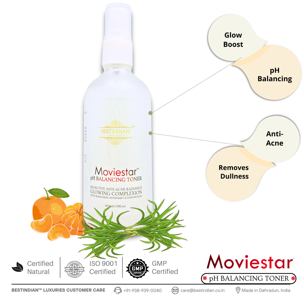A detailed shot of Moviestar™ pH Balancing Toner by BestIndian alongside Mandarin and Rosemary, featuring illustrated benefit bubbles—glow boost, pH balancing, anti-acne, and dullness removal—emphasizing the toner’s natural, certified care.