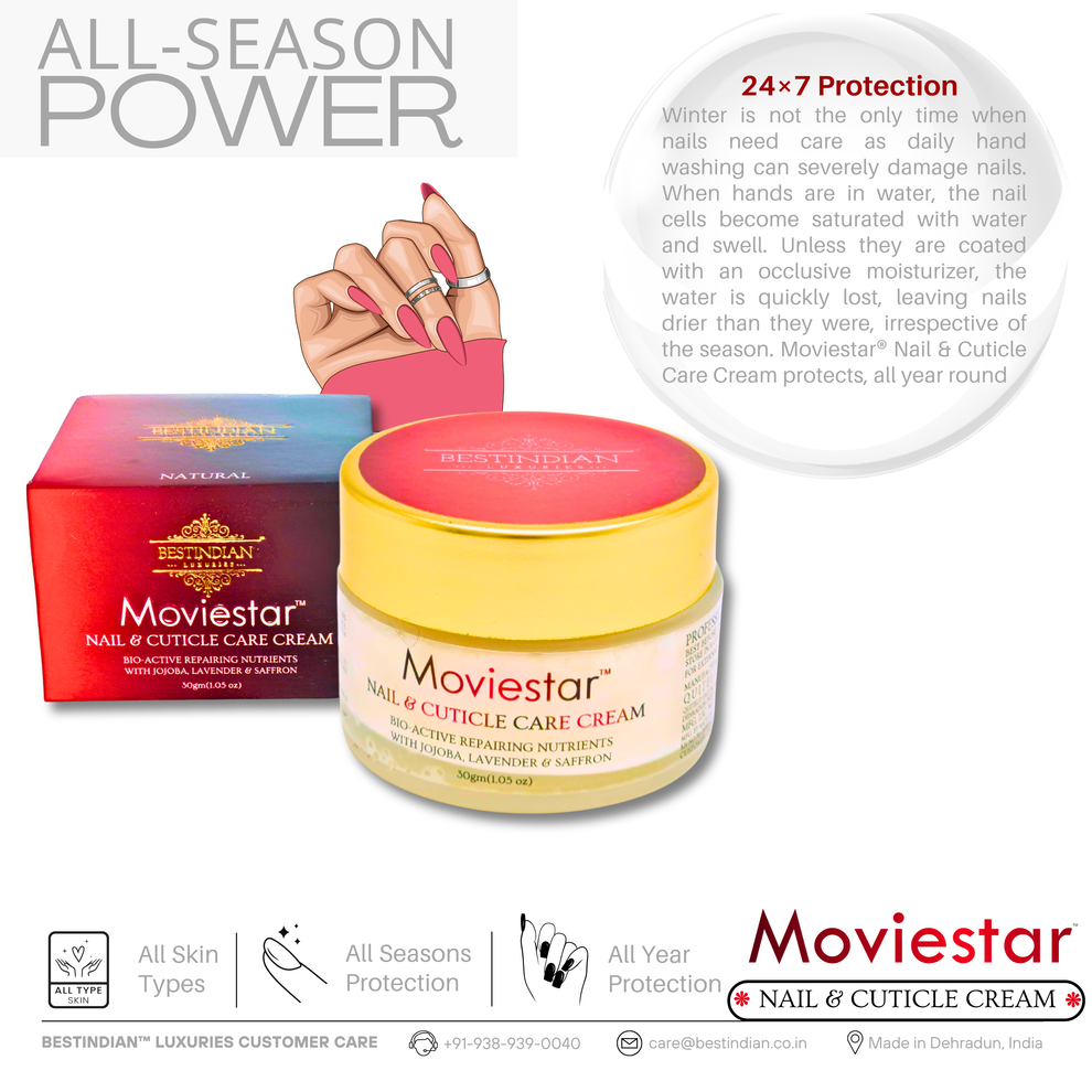 A jar and box of Moviestar™ Nail & Cuticle Care Cream by BestIndian, offering all-season protection and hydration for nails and cuticles, ideal for year-round nail care.