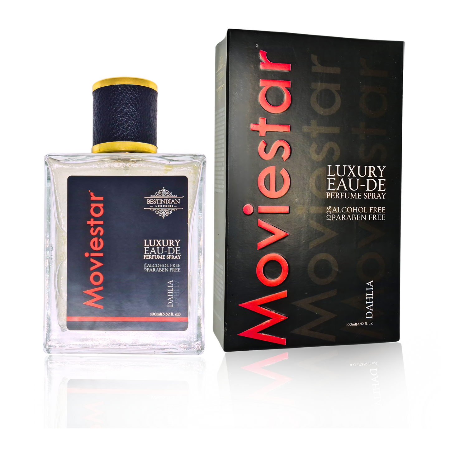Moviestar™ Dahlia Eau de Parfum bottle by BestIndian™ alongside its black themed packaging (front view). Best perfume for men and women. Alcohol-free fragrance. Paraben-free perfume.