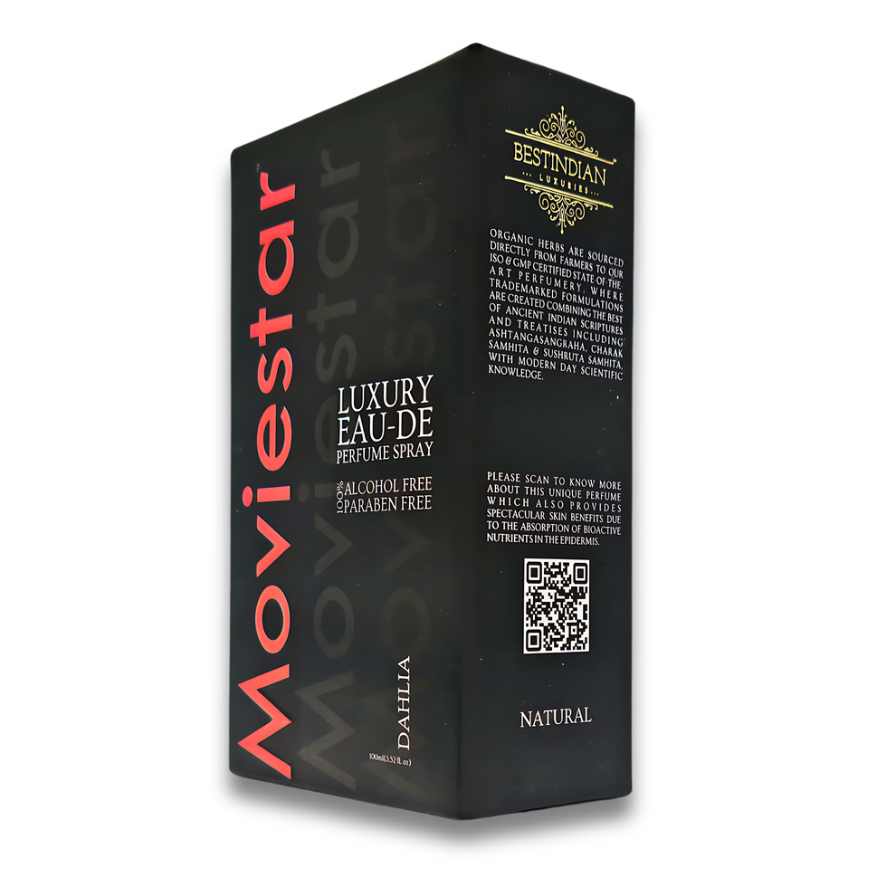 Side view of Moviestar™ Dahlia luxury black box packaging featuring detailed product information and QR code, showcasing this long lasting floral perfume with exotic dahlia notes, alcohol-free EDP formula, rose water base, and pro-skin antioxidant benefits crafted in Dehradun.