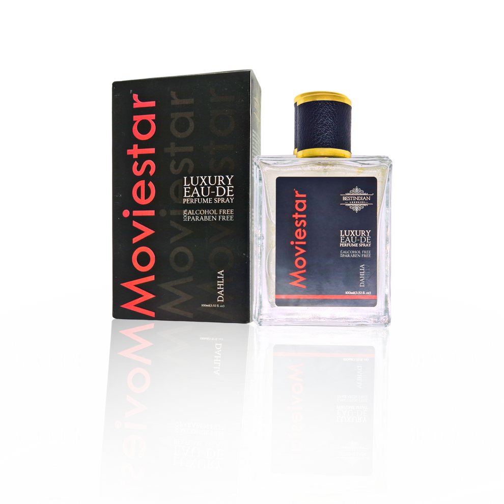Complete presentation of Moviestar™ Dahlia unisex floral perfume with its luxury black gradient box and clear bottle, emphasizing this sweet, radiant dahlia perfume spray with alcohol-free EDP formula, pro-skin benefits, and glamorous unisex appeal crafted in the Himalayas.