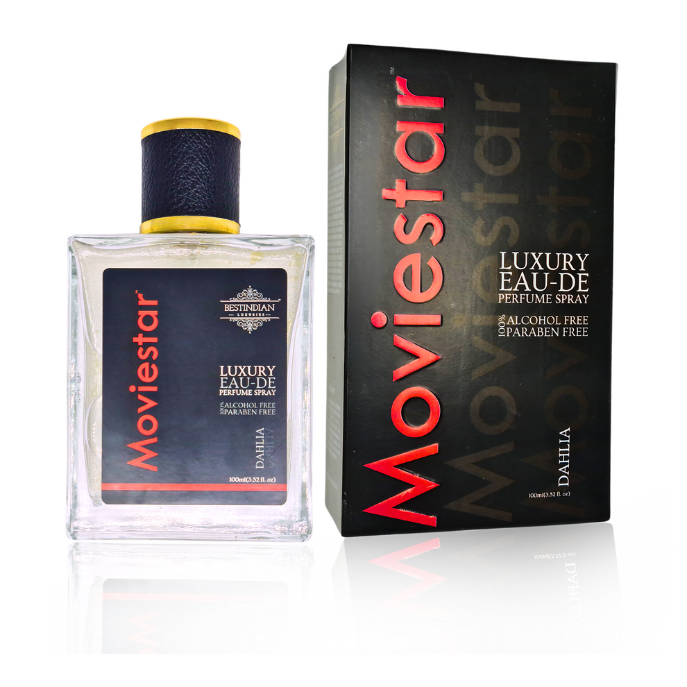 Complete luxury presentation of Moviestar™ Dahlia unisex floral perfume with clear bottle and black gradient packaging, featuring this radiant dahlia perfume spray with glamorous, sweet exotic notes, alcohol-free formulation, and peaceful vibes crafted in the Himalayas.
