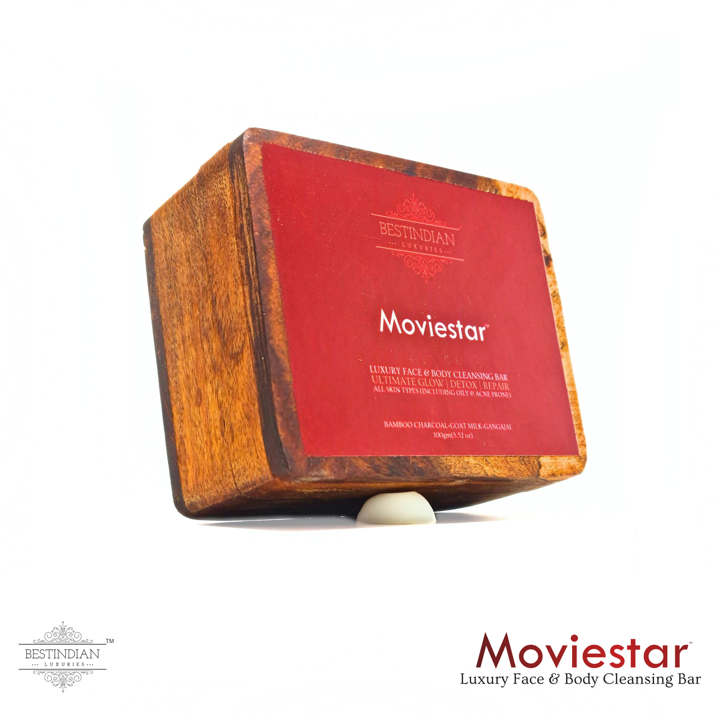 A hero shot of the Moviestar detox soap in its wooden box, promising an ultimate glow for oily and acne-prone skin.