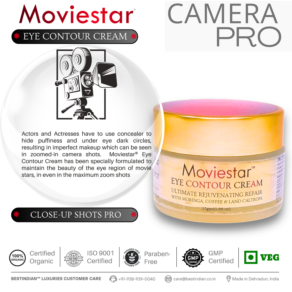 Moviestar™ Eye Contour Cream by BestIndian, close-up of the jar highlighting Camera Pro benefits for flawless, camera-ready eyes in HD close-up shots and red carpet events.