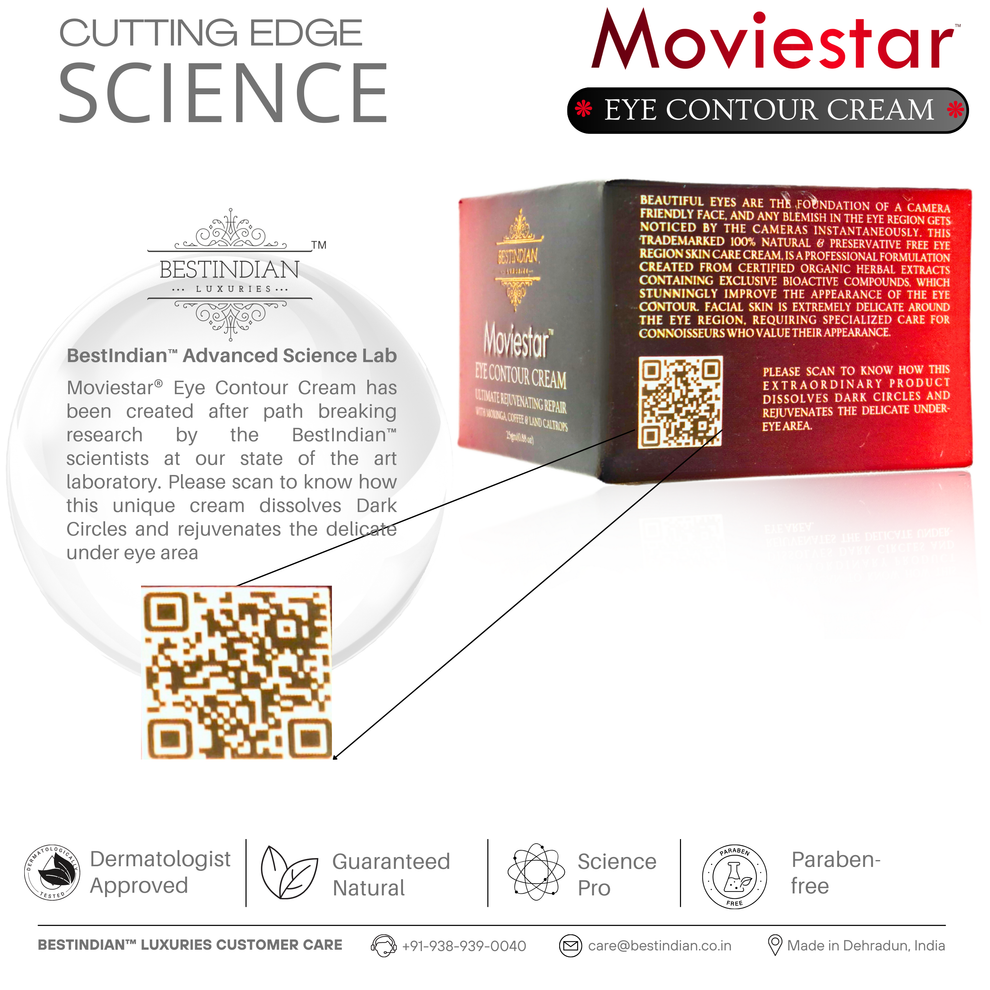 A branded box of Moviestar™ Eye Contour Cream by BestIndian, spotlighting its scientific, dermatologist-approved formulation designed to dissolve dark circles and rejuvenate the delicate under eye area.