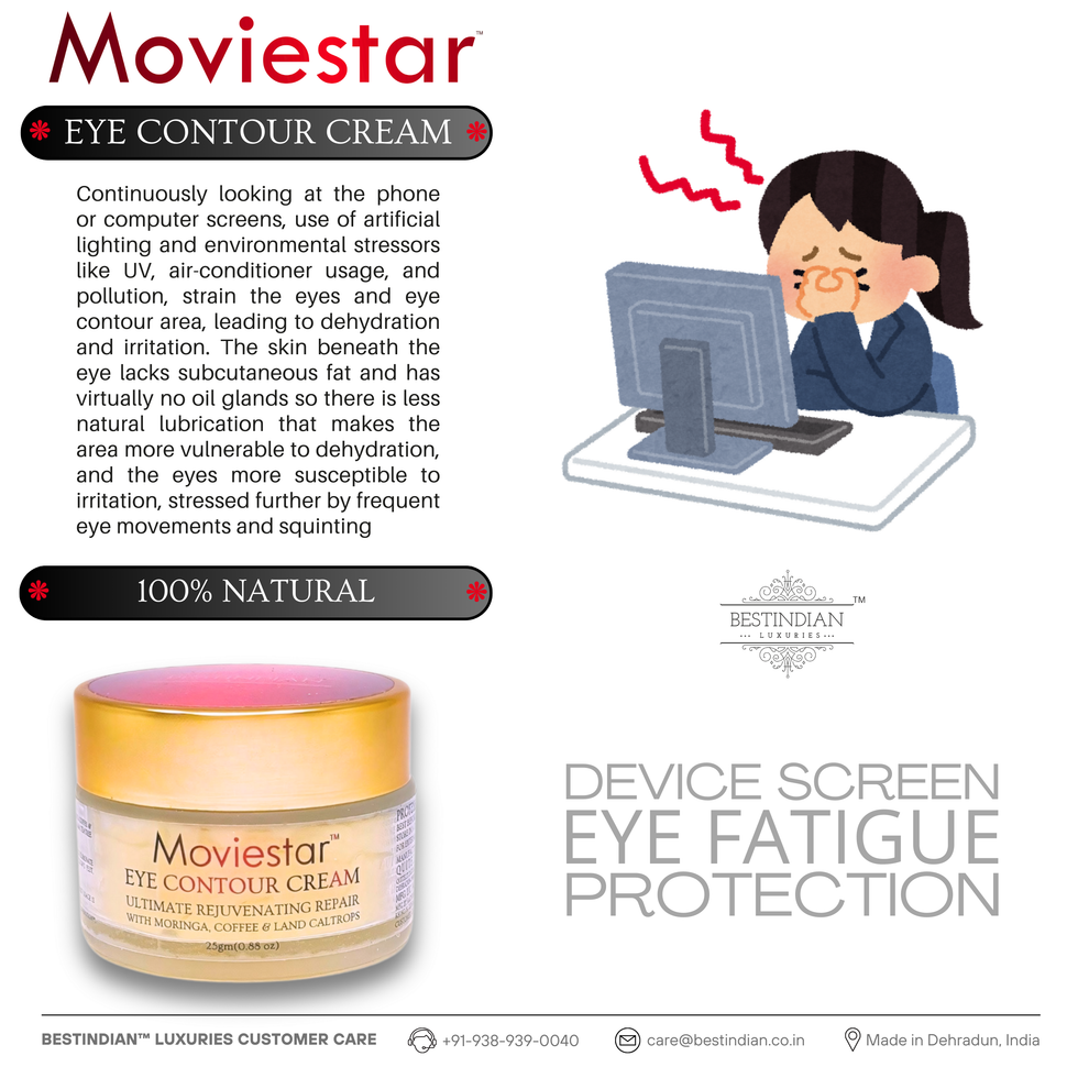 Moviestar™ Eye Contour Cream by BestIndian, a natural under eye cream designed for screen fatigue protection and hydration, ideal for those exposed to artificial lighting and screens.