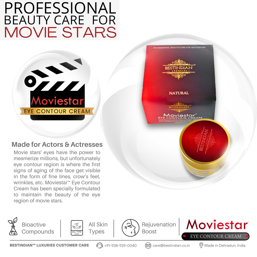 The Moviestar™ Eye Contour Cream by BestIndian with luxury packaging, a professional skincare solution formulated for actors and all skin types, providing rejuvenation and bioactive compounds.