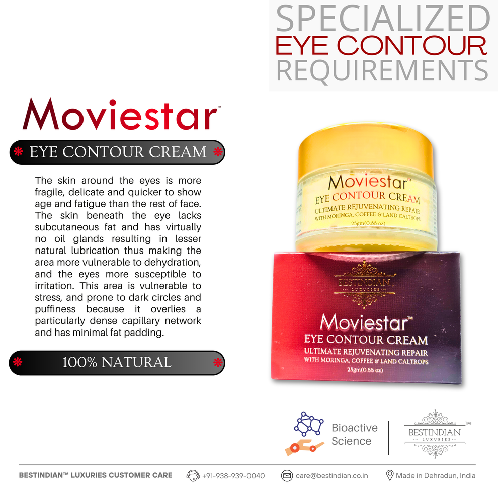 Jar and box of Moviestar™ Eye Contour Cream by BestIndian, specially formulated for the delicate under eye area to prevent dryness, irritation, dark circles, and puffiness with 100% natural ingredients.