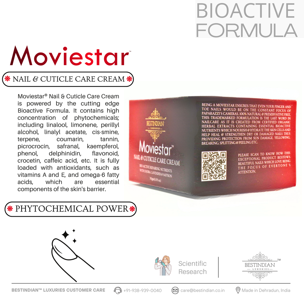 Moviestar™ Nail & Cuticle Care Cream box by BestIndian, described as a bioactive formula rich in phytochemicals, antioxidants, and natural extracts for advanced nail protection and repair.
