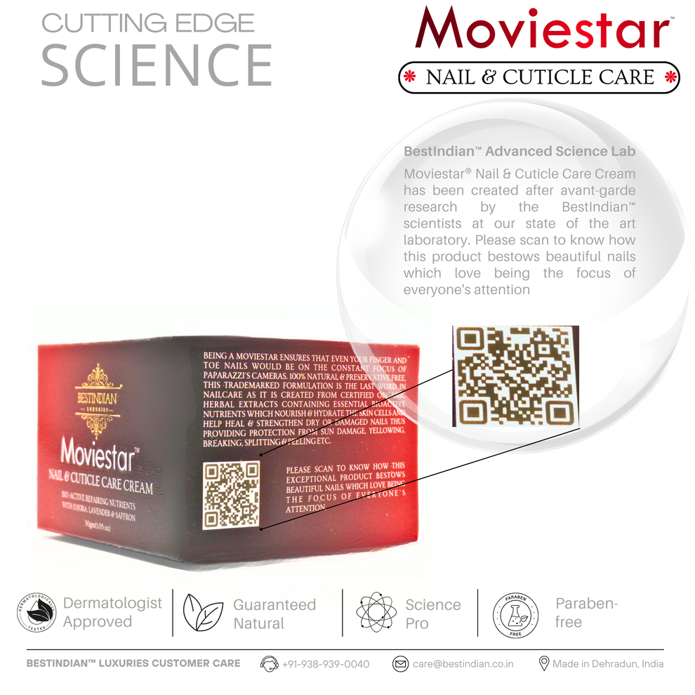 The Moviestar™ Nail & Cuticle Care Cream box by BestIndian, featuring QR code and dermatologist-approved icons, highlighting advanced research for nail and cuticle repair.