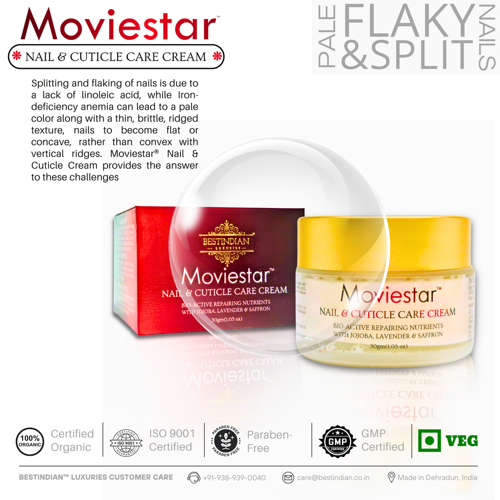 Moviestar™ Nail & Cuticle Care Cream jar and box by BestIndian, a professional nail repair cream for pale, flaky, and split nails, made with Ayurvedic botanicals for spa-like cuticle care and shine.