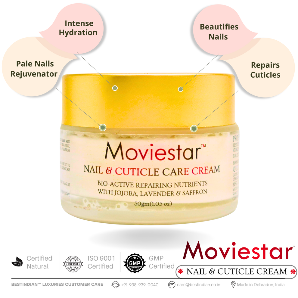 A jar of Moviestar™ Nail & Cuticle Care Cream by BestIndian, with callouts for intense hydration, pale nail rejuvenation, cuticle repair, and beautifying benefits for nails.