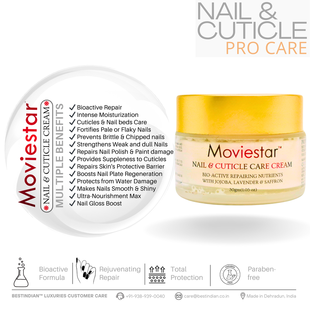 Moviestar™ Nail & Cuticle Care Cream by BestIndian, with a benefits checklist, offering professional cuticle care, intense moisturization, brittle nail repair, and ultra-nourishment for smooth, shiny nails.