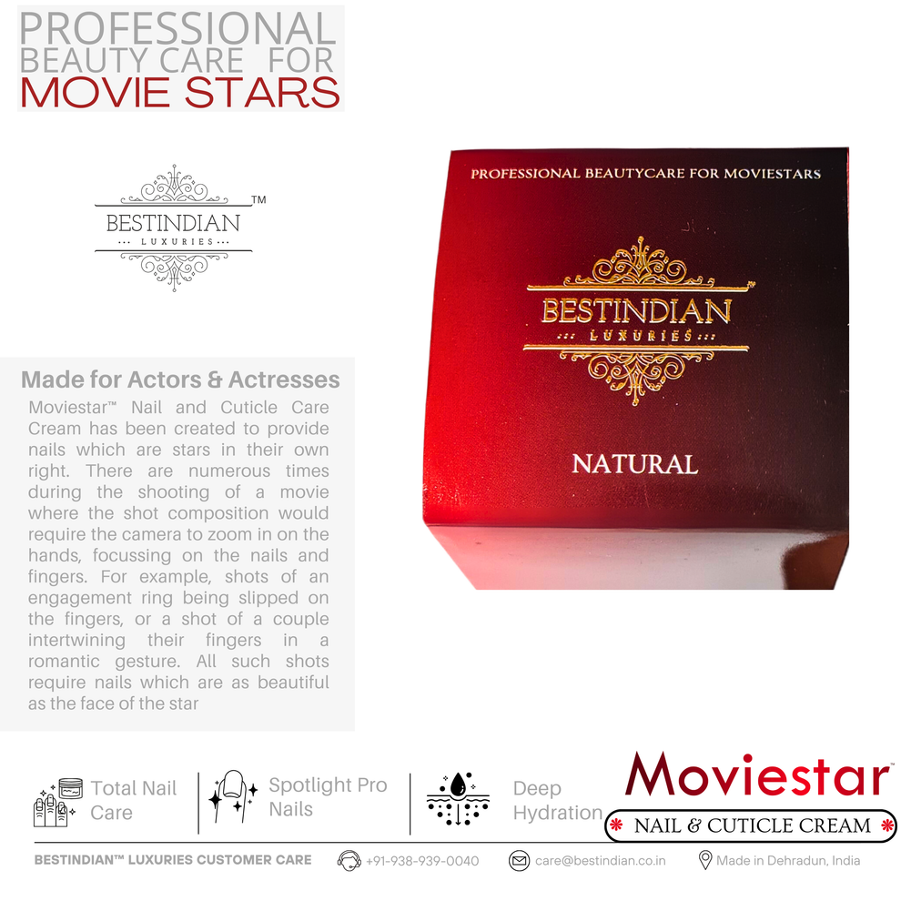 Professional beauty care packaging of Moviestar™ Nail & Cuticle Care Cream by BestIndian, emphasizing total nail care and deep hydration for spotlight-ready, healthy nails.