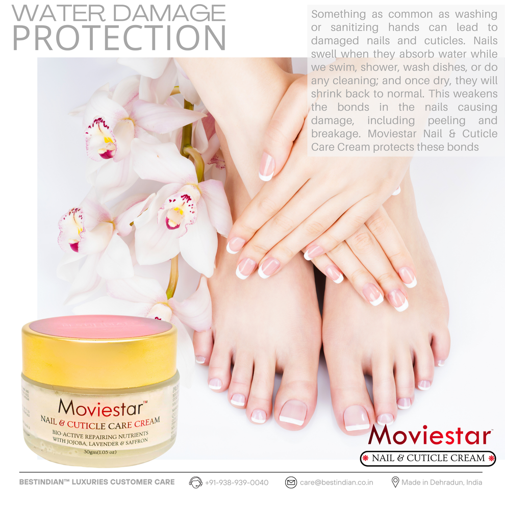 A soft-focus image showing manicured hands and feet with the Moviestar™ Nail & Cuticle Care Cream jar by BestIndian, providing natural hydration and protection against water damage for glossy, healthy nails.