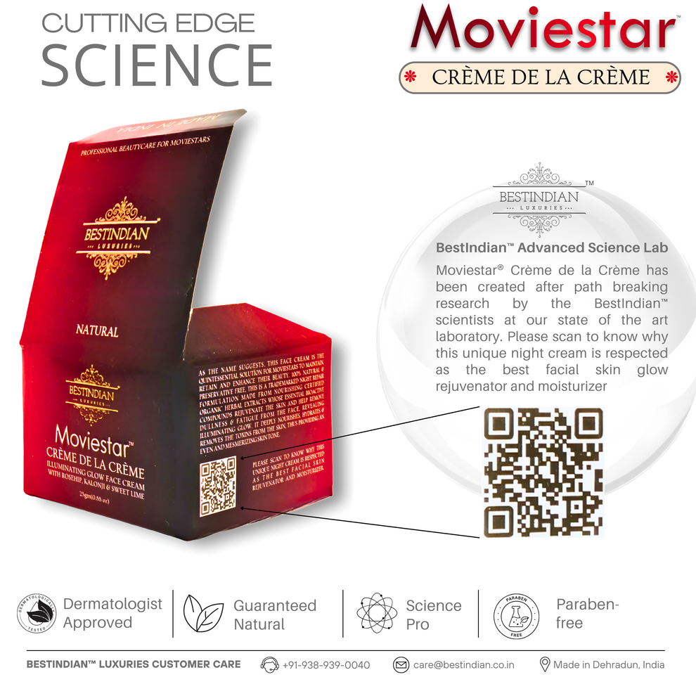 Angled view of Moviestar™ Crème De La Crème Night Cream box by BestIndian, highlighting advanced science lab research and a QR code for more information about this innovative skincare product.