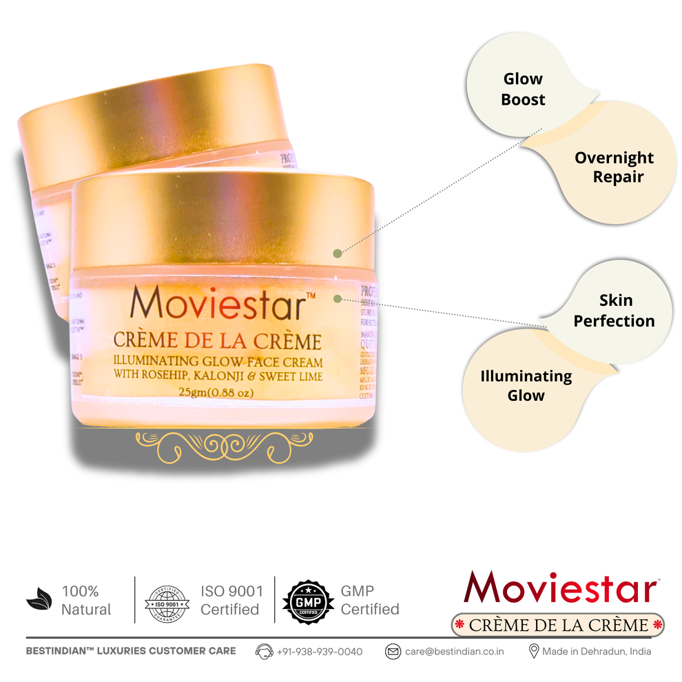 Jars of Moviestar™ Night Cream by BestIndian, known for overnight repair, illuminating glow, skin perfection, and powerful collagen support with ayurvedic natural ingredients.