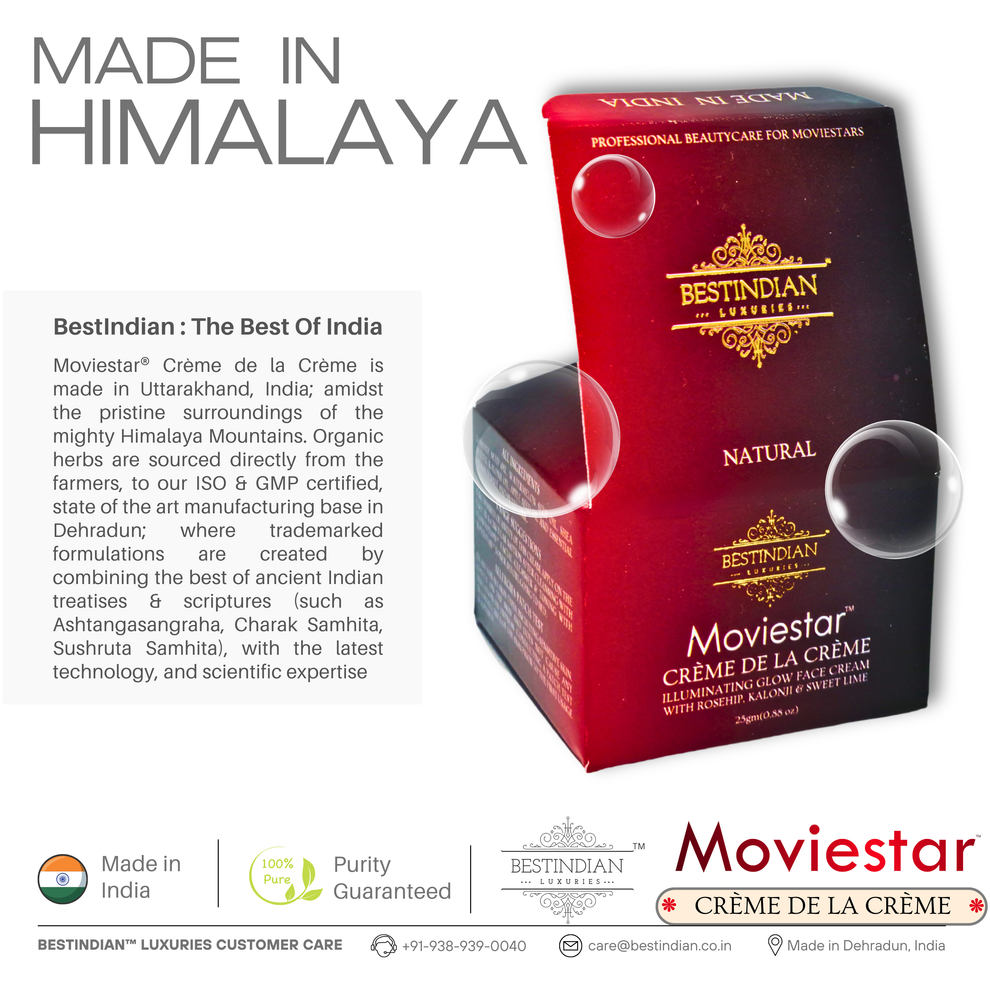 A detailed view of the Moviestar™ Crème De La Crème Night Cream box by BestIndian, crafted in the Himalayas with organic herbs and Ayurvedic science for the best natural anti-aging night cream.