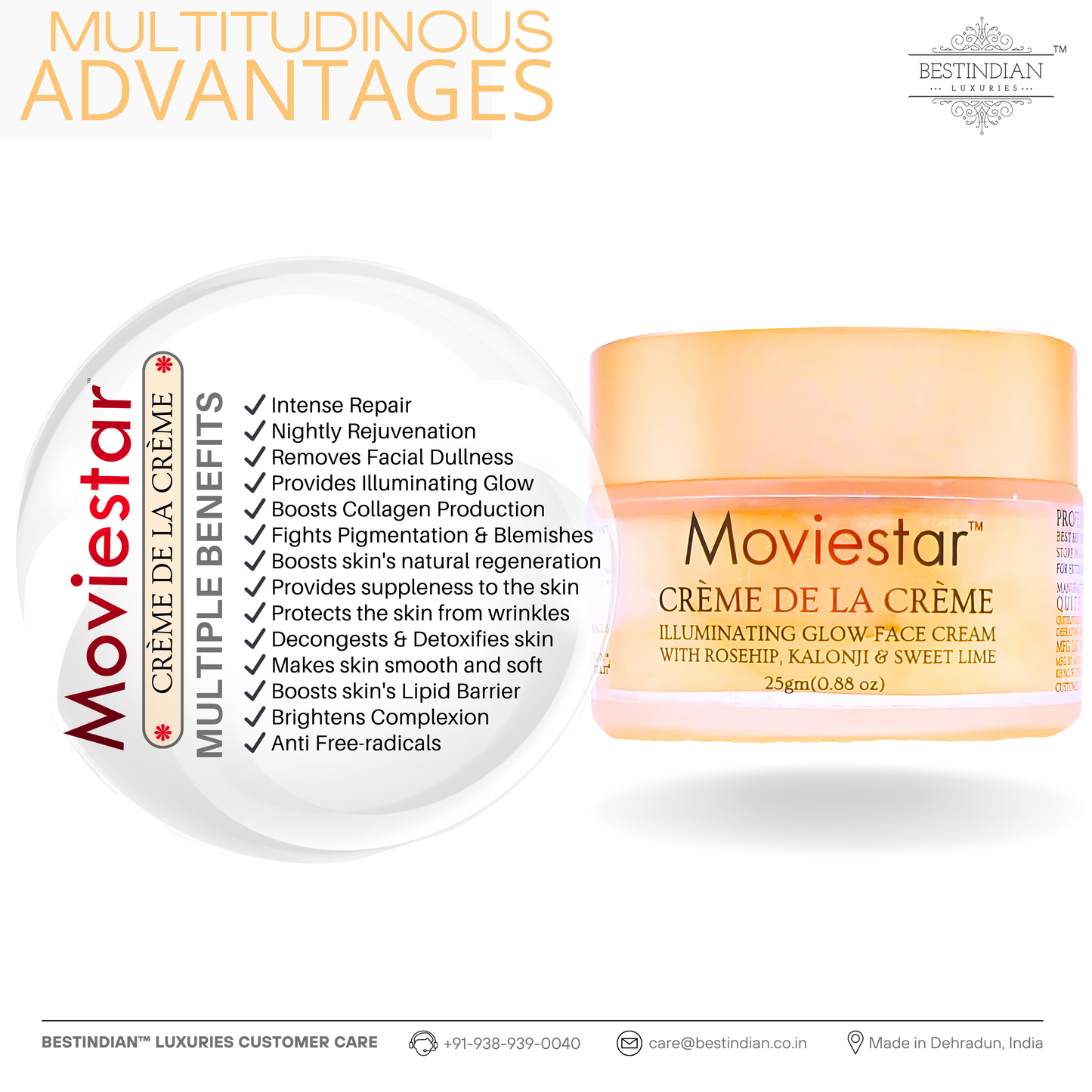 The Moviestar™ Night Cream by BestIndian with a detailed benefits list, showcasing its intense repair, collagen boosting, overnight rejuvenation, and anti-aging support with natural ingredients.