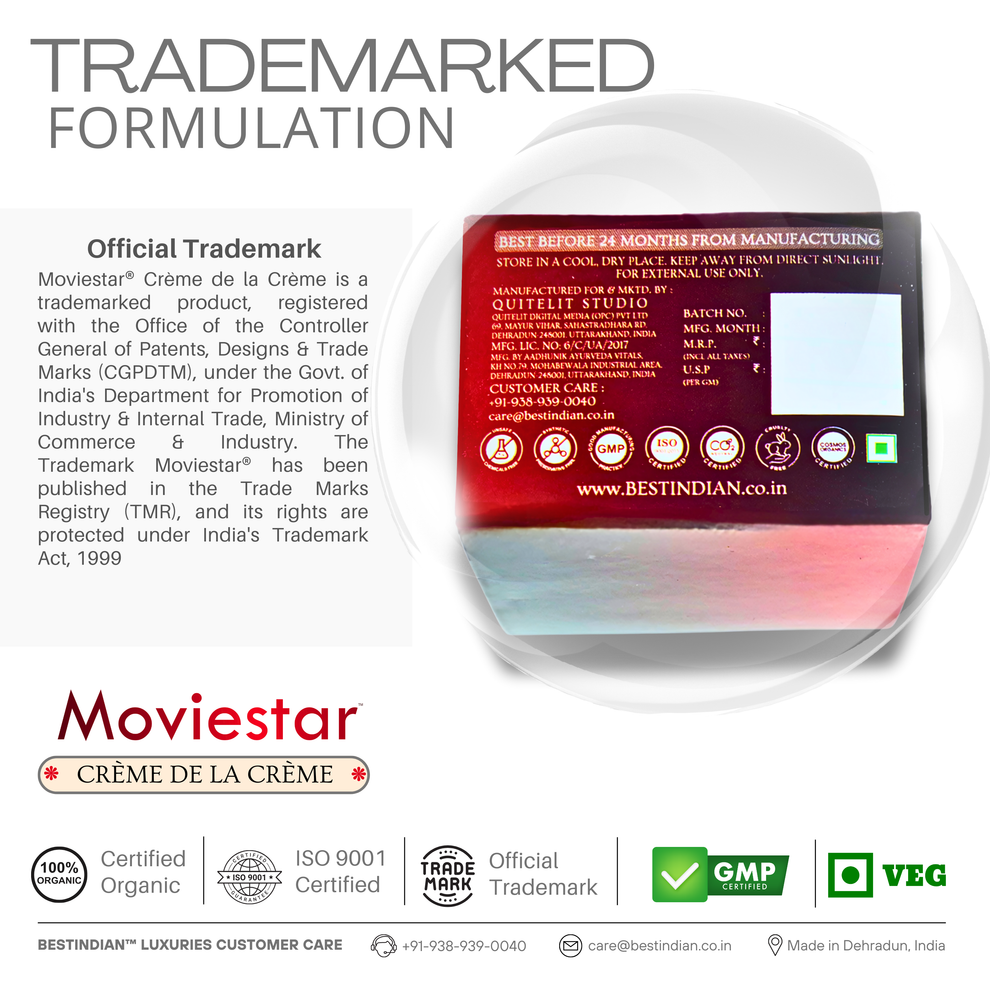 Backside of the Moviestar™ Night Cream packaging by BestIndian, displaying trademarked formulation, certified organic ingredients, and official quality seals ensuring luxury and purity.