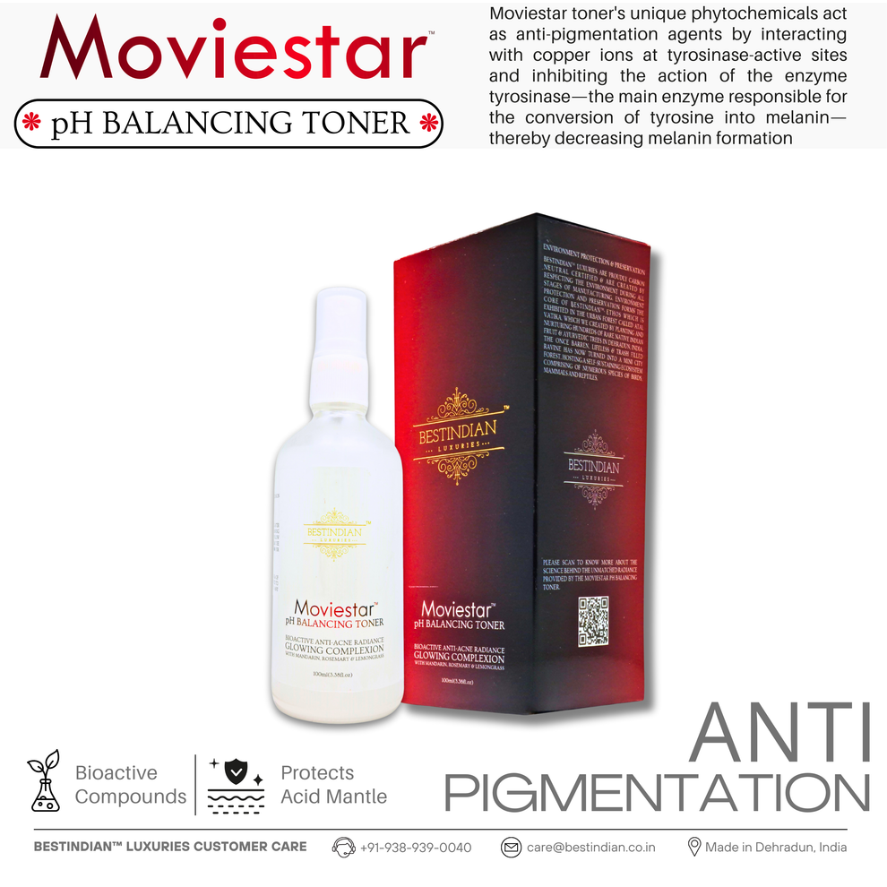 The Moviestar™ pH Balancing Toner bottle and packaging by BestIndian, emphasizing its anti-pigmentation action through bioactive botanicals that protect the skin acid mantle and reduce melanin formation.