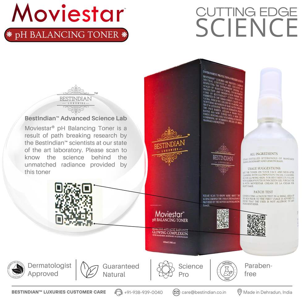 The Moviestar™ pH Balancing Toner bottle and box by BestIndian, featuring a QR code and “Cutting Edge Science” badge, representing advanced research and ingredient transparency for naturally radiant skin.