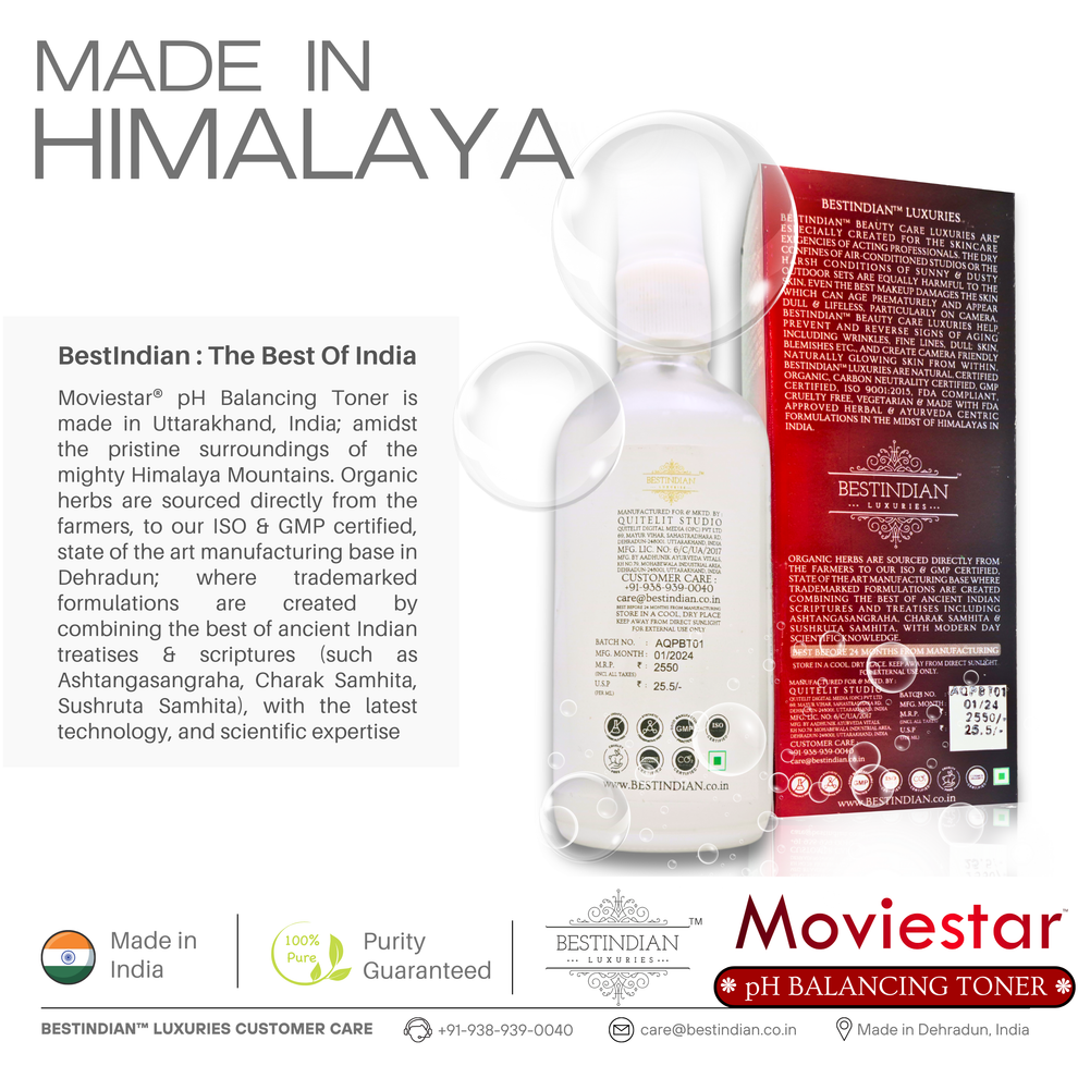Rear-view of the Moviestar™ pH Balancing Toner bottle and box by BestIndian, presented with a “Made in Himalaya” story, highlighting the pure origins and Indian Ayurvedic manufacturing in the Himalayan region.