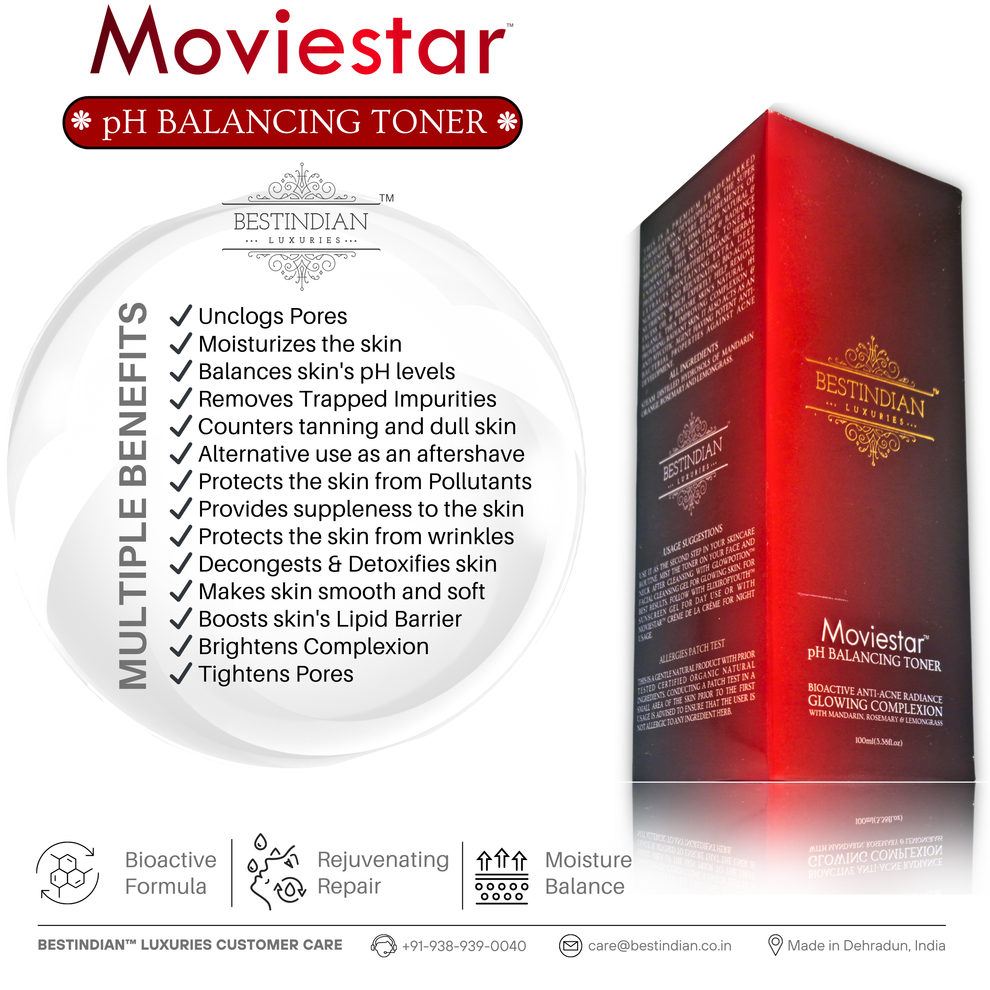 A box and benefits bubble for Moviestar™ pH Balancing Toner by BestIndian, listing multiple skin benefits like unclogging pores, hydration, pH balancing, detoxification, and complexion brightening for luxury skincare.