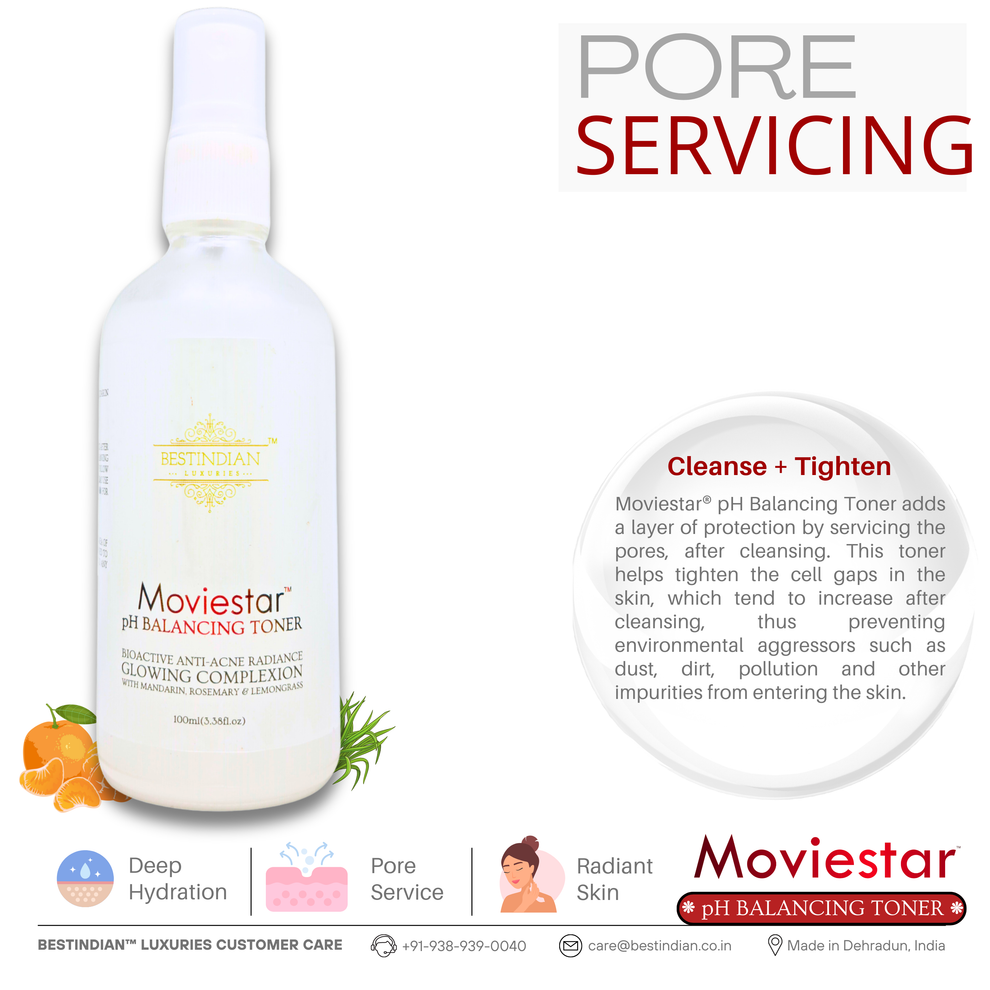 The Moviestar™ pH Balancing Toner bottle by BestIndian, shown with mandarin and rosemary, highlighting its pore servicing benefits, deep hydration, and the ability to tighten and protect skin after cleansing.