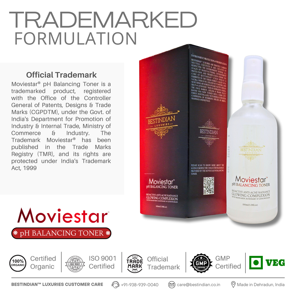 The Moviestar™ pH Balancing Toner bottle and packaging by BestIndian, highlighted with official trademark text and featured certifications, emphasizing the exclusive, certified formulation developed for premium skincare.