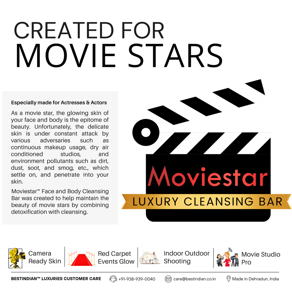 Marketing graphic explaining that the Moviestar luxury cleansing bar was created for actors and actresses to provide detoxification from makeup and pollutants for camera-ready skin.
