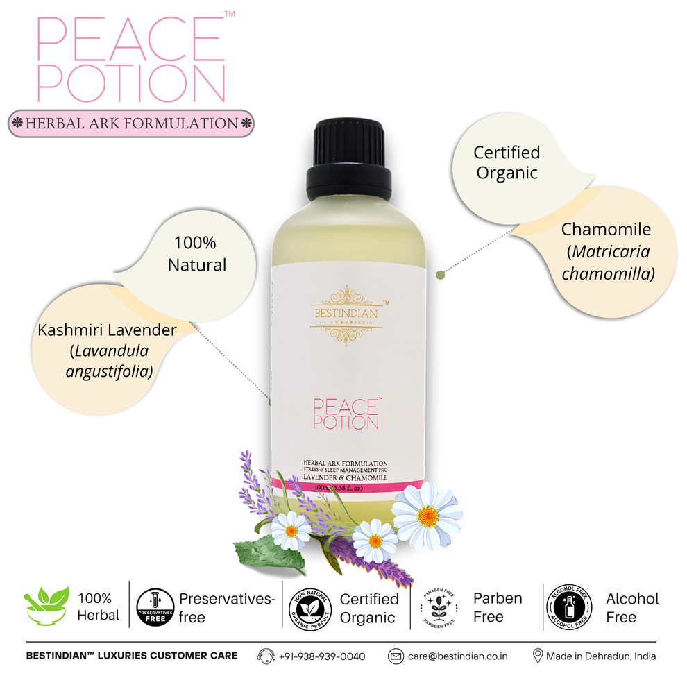 PeacePotion™ certified organic herbal ark, featuring Kashmiri Lavender and Chamomile for a 100% natural, preservative-free sleep tea.