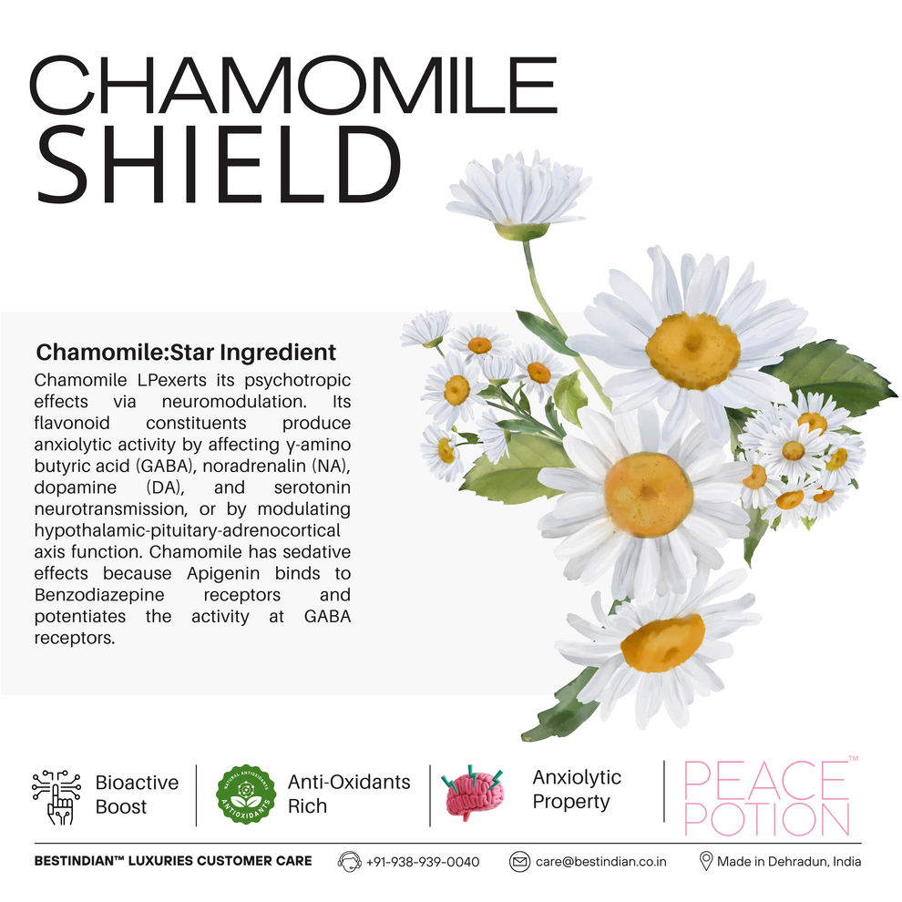 PeacePotion™ chamomile tea for sleep, featuring Chamomile as the star ingredient to promote relaxation and anxiolytic effect.