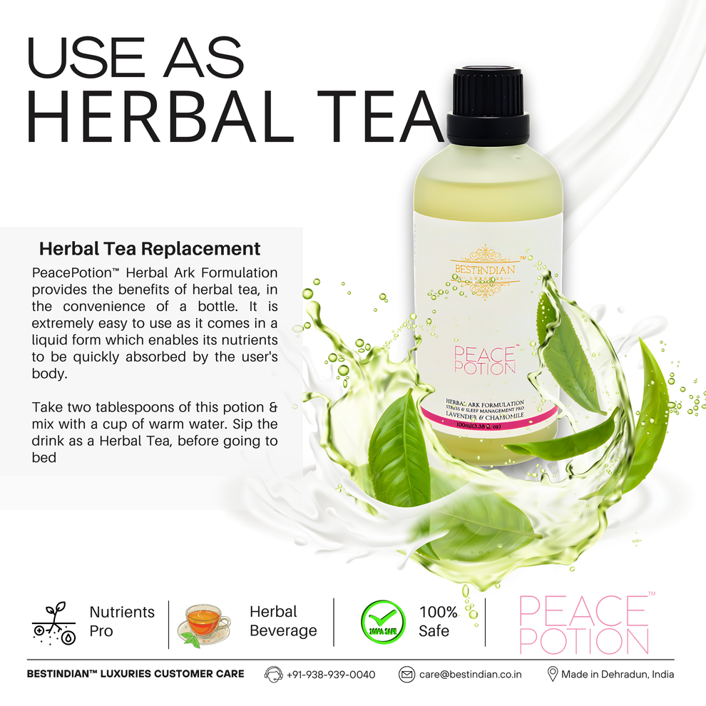 PeacePotion™ herbal tea for sleep, easy liquid formula for bedtime relaxation and nutrient absorption.