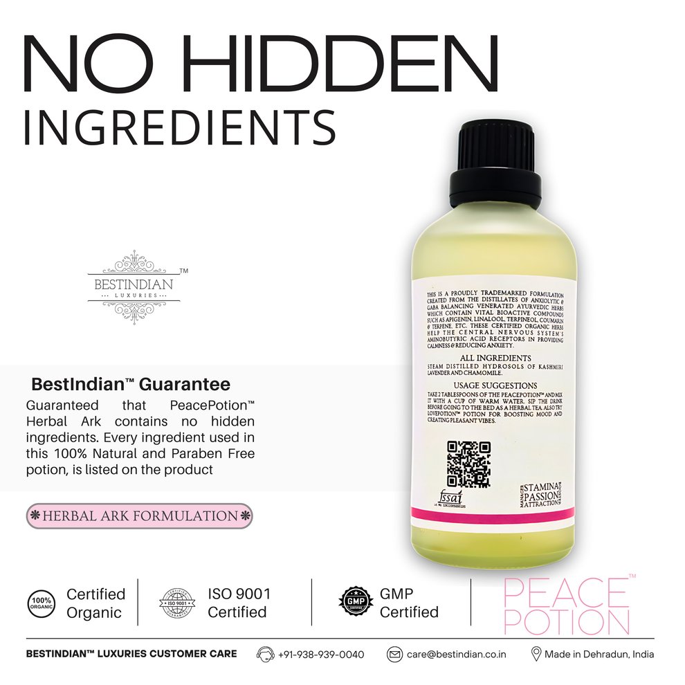 PeacePotion™ bedtime calming drink, made with transparent, certified ingredients for safe herbal tea enjoyment.