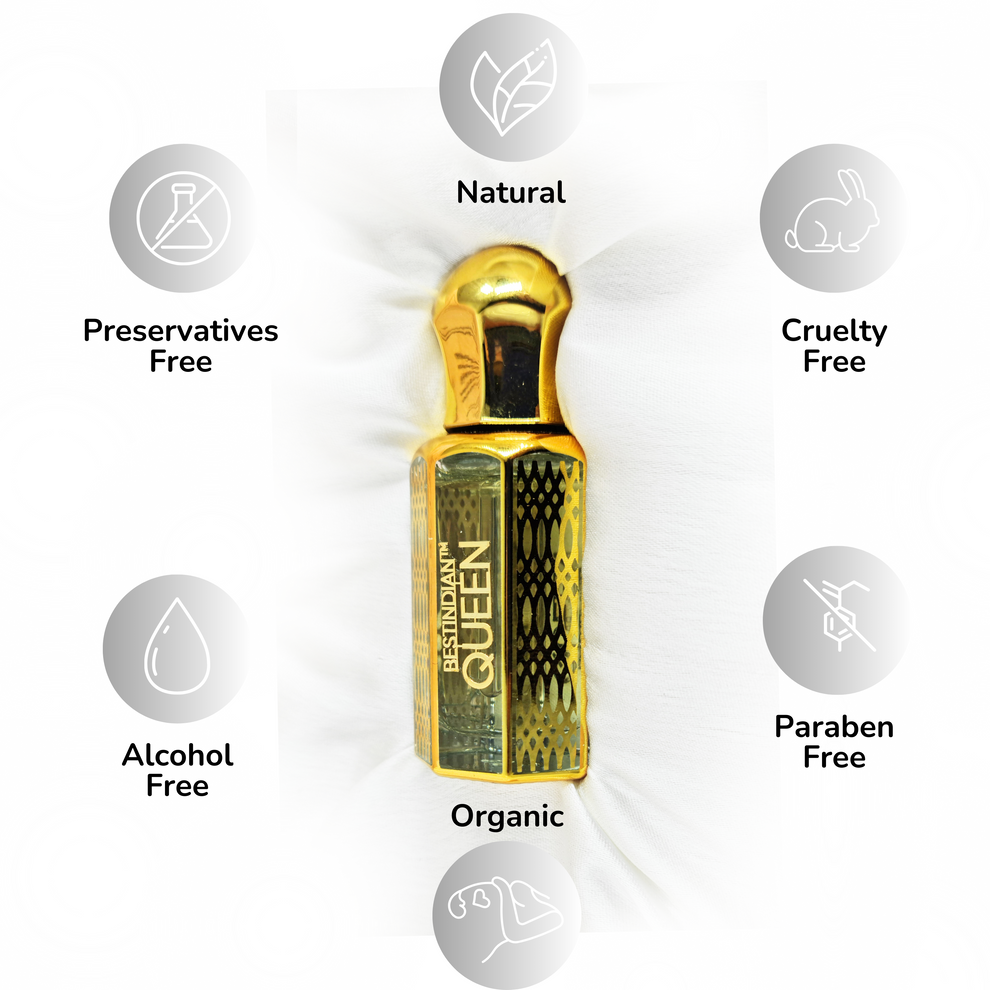 BestIndian™ Queen golden bottle centered with benefits icons surrounding it, showcasing this premium oud rose attar as natural, preservatives-free, alcohol-free, paraben-free, cruelty-free luxury perfume elixir with organic certification for sophisticated women.