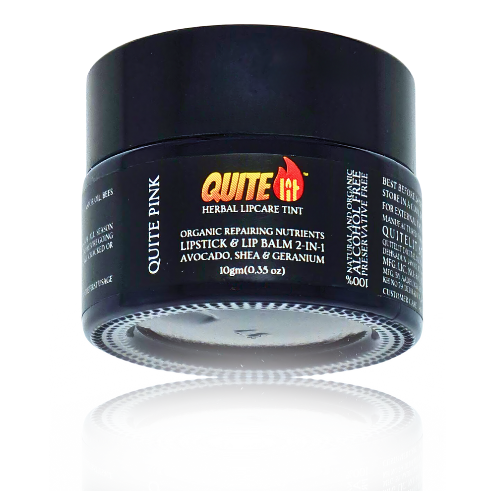A high-definition product photo of QuiteLit™ Lip Tint by BestIndian, showing the glass jar with "Quite Pink" natural lip tint label, emphasizing its 2-in-1 formula as a moisturizing, organic lip stain for dark lips and daily use.