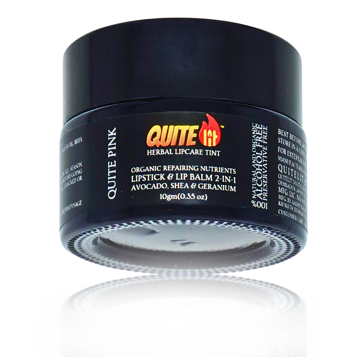 A high-definition product photo of QuiteLit™ Lip Tint by BestIndian, showing the glass jar with "Quite Pink" natural lip tint label, emphasizing its 2-in-1 formula as a moisturizing, organic lip stain for dark lips and daily use.