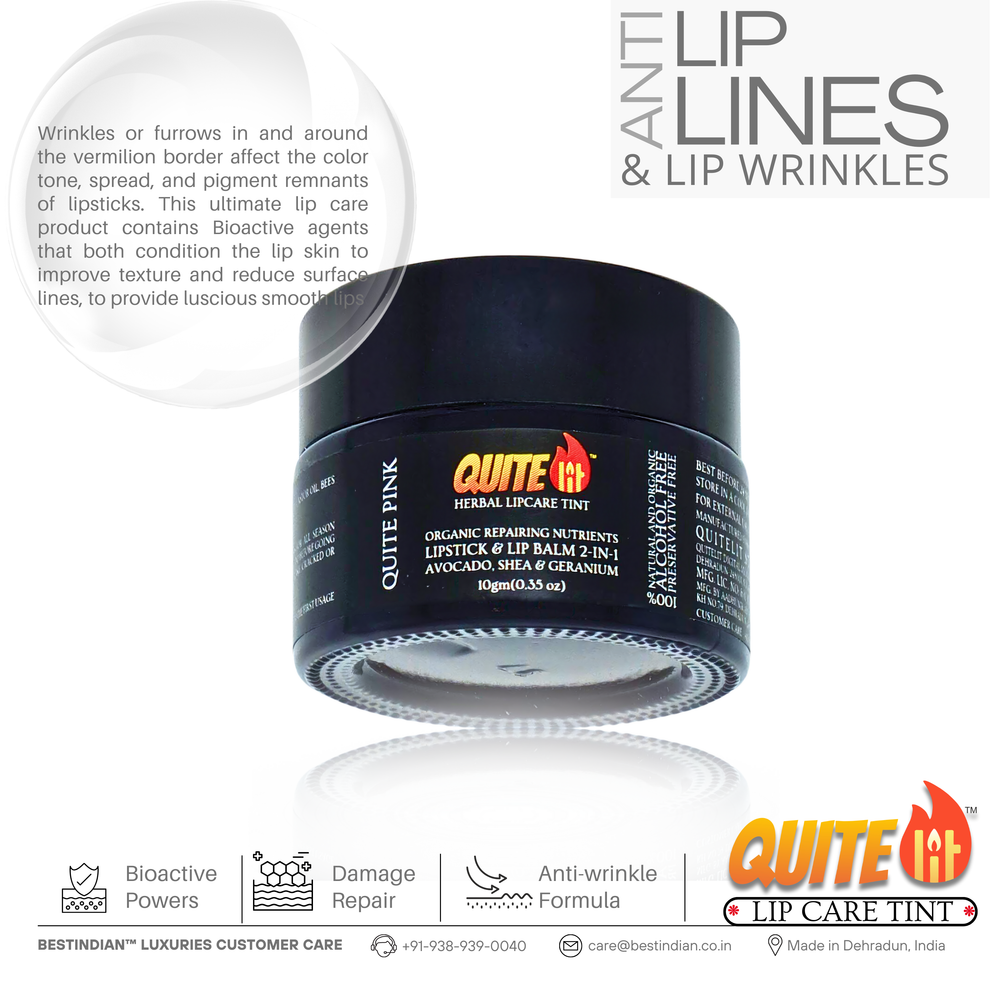 A product shot of QuiteLit™ Lip Tint jar by BestIndian highlighting its anti-aging benefits for lip lines and wrinkles, featuring bioactive agents that condition lip skin, improve texture, and provide luscious smooth lips with damage repair formula.