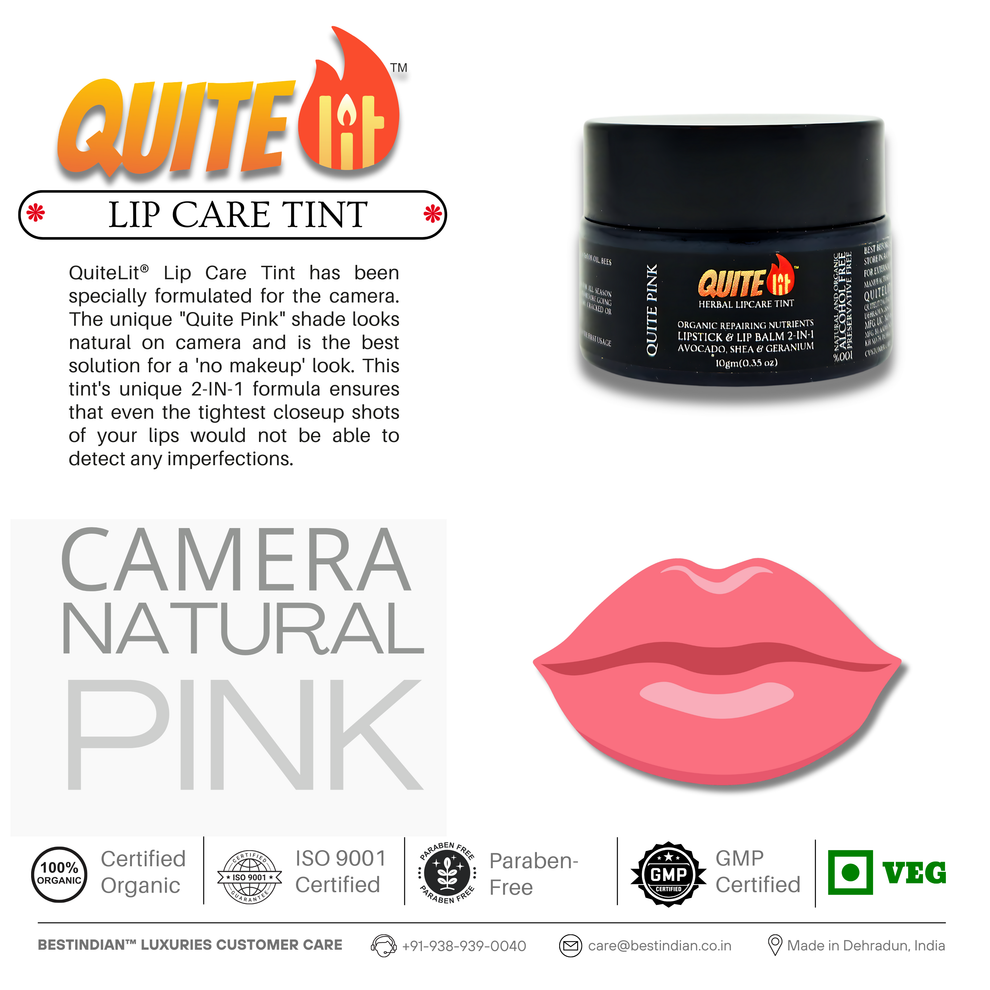A product and illustration image of QuiteLit™ Lip Tint by BestIndian, featuring a jar and a graphic pink lip, promoting its camera-ready, natural pink finish and 2-in-1 organic lip and cheek tint formula for a flawless, no-makeup look on all skin tones.
