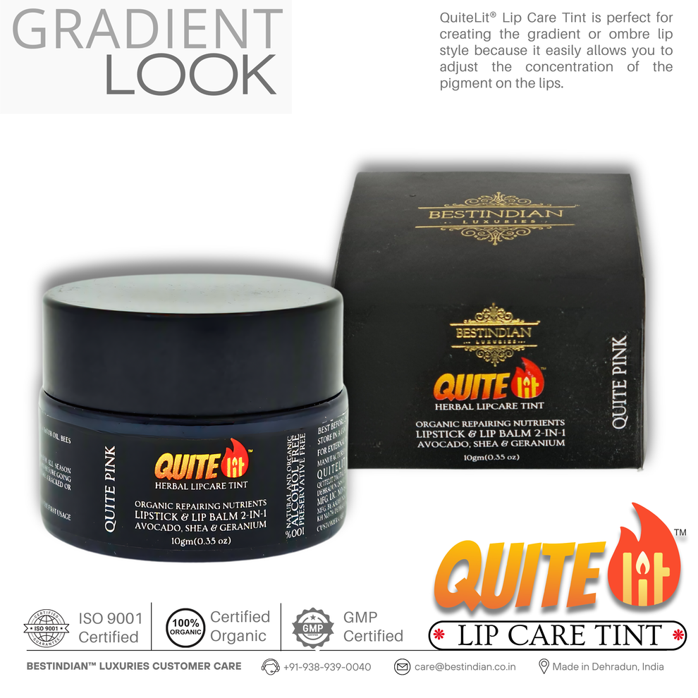 A product shot of QuiteLit™ Lip Tint jar and box by BestIndian, emphasizing its perfect gradient and ombre lip styling capabilities with adjustable pigment concentration, ideal for creating trendy Korean-inspired gradient lips with natural, buildable color intensity.