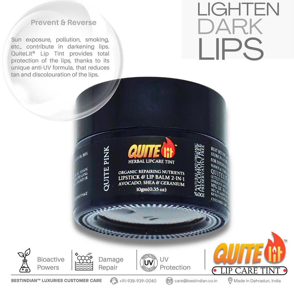 QuiteLit™ Lip Tint by BestIndian displayed with benefits callout, showcasing its ability to lighten dark lips through prevent and reverse action against sun damage, pollution, and environmental factors with anti-UV protection and bioactive healing properties.
