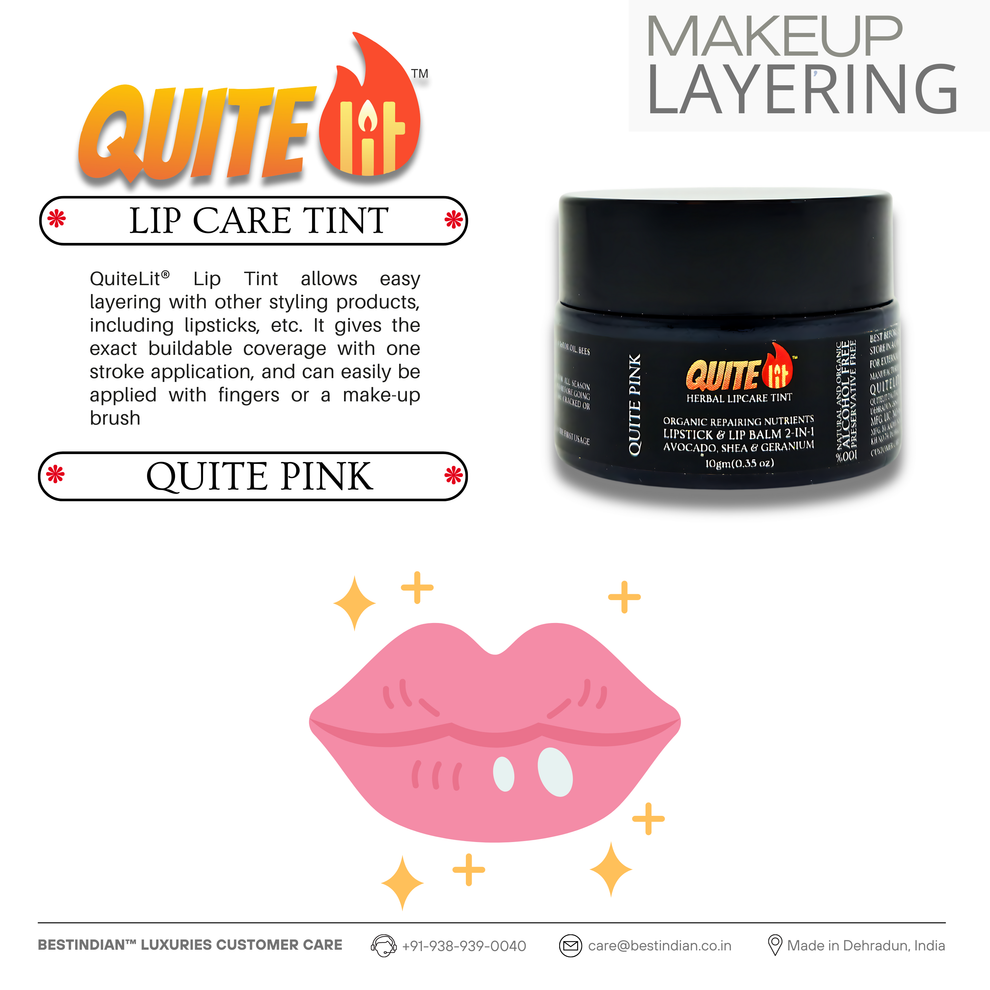 QuiteLit™ Lip Tint by BestIndian shown with pink lip illustration, demonstrating its makeup layering versatility with buildable coverage, easy application with fingers or brush, and compatibility with other styling products for customizable natural lip looks.