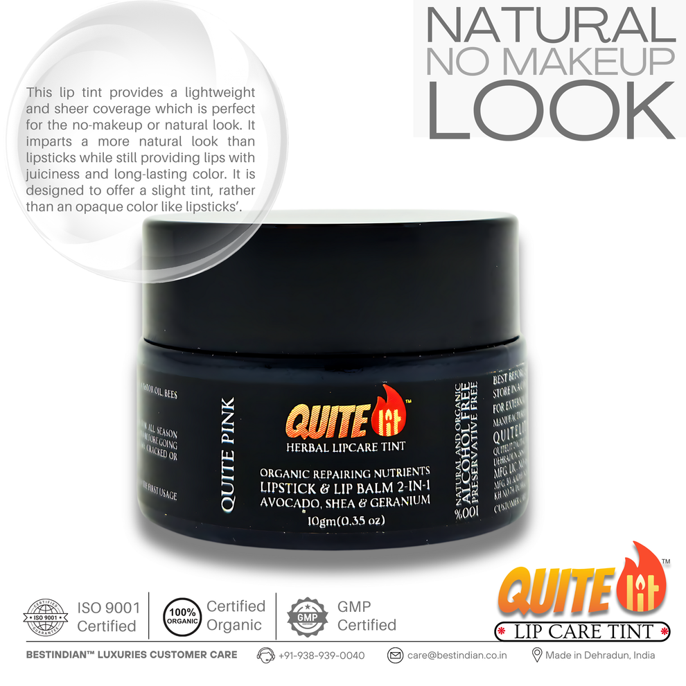 A close-up of QuiteLit™ Lip Tint jar by BestIndian, emphasizing its ability to create a natural, no-makeup look with lightweight, sheer coverage that provides long-lasting color while maintaining lip moisturization and organic lip care benefits.